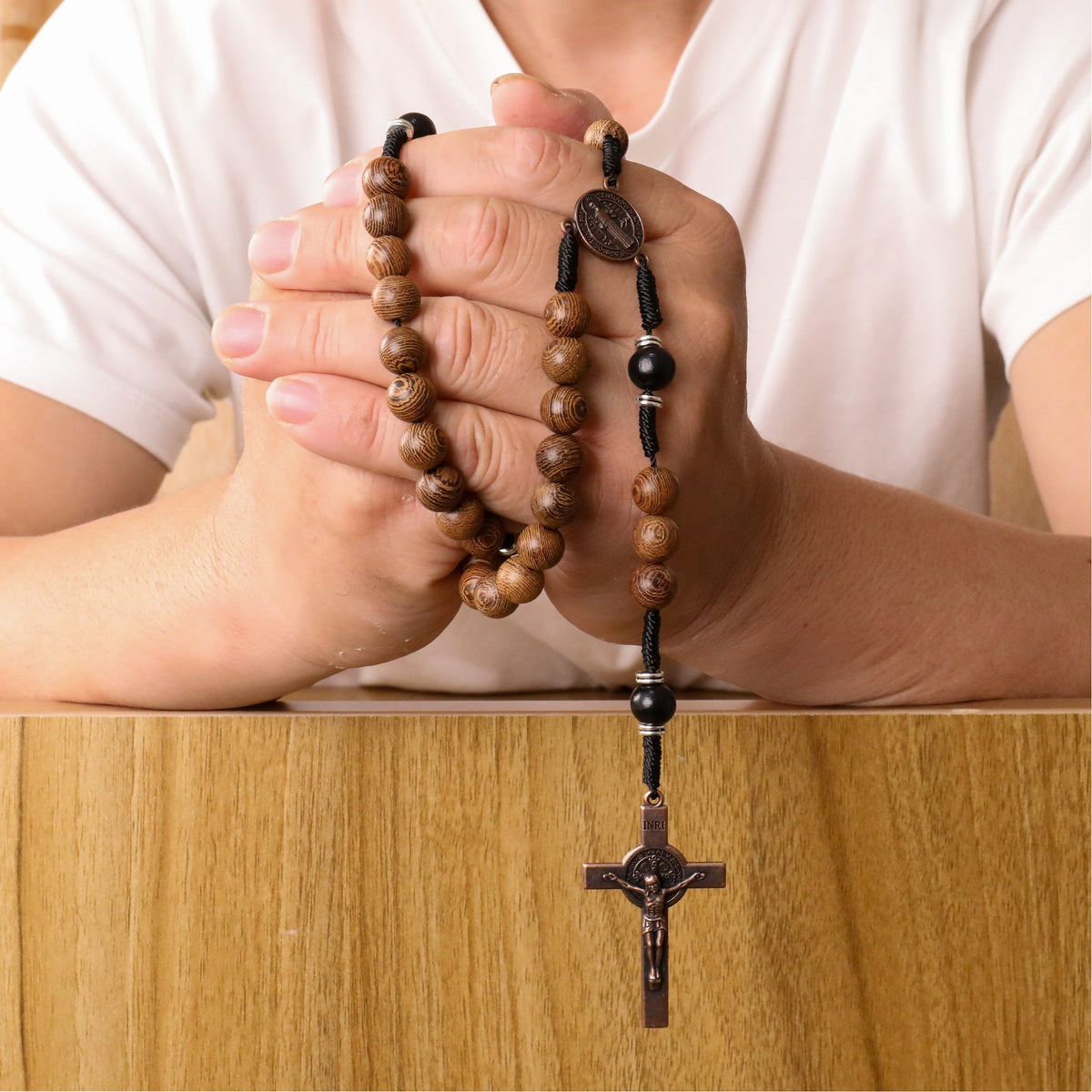 10mm olive and 10mm black wood mystery beads, this rosary offers a bold, strong design that’s perfect for men.
