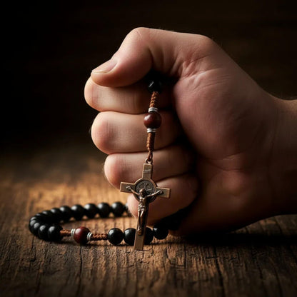 Handmade Solid Wood Catholic Rosary Beads Black & Dark Red Wood Mystery Beads Prayer Necklace with Antique Copper Guadalupe Medal & Crucifix 