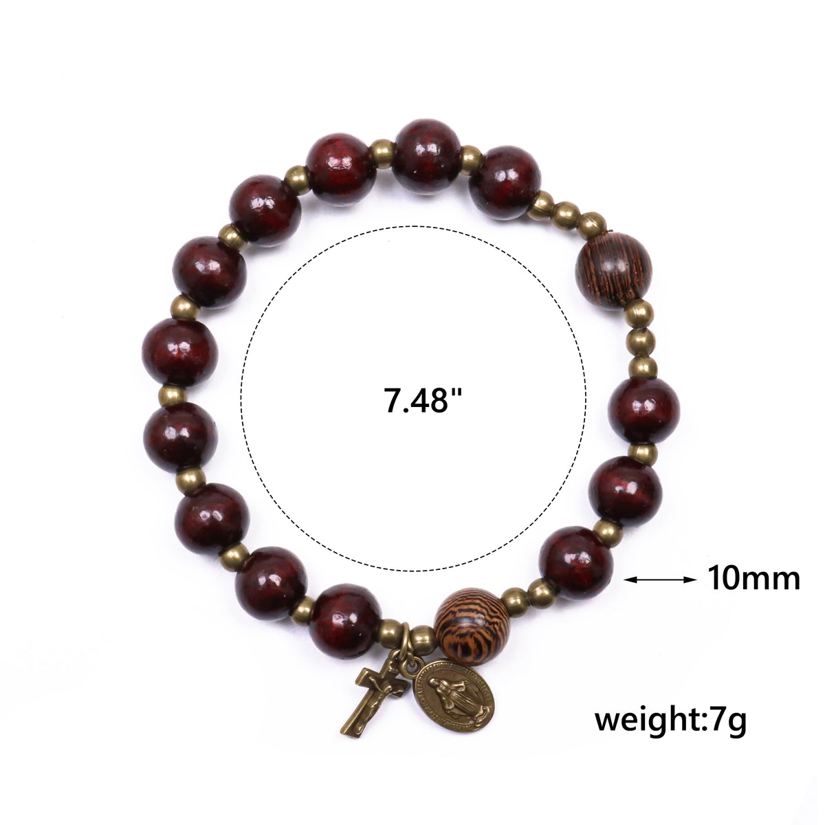 Dark Brown Wooden Bead Rosary Bracelet with Antique Bronze Miraculous Medal & Cross
