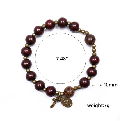 Dark Brown Wooden Bead Rosary Bracelet with Antique Bronze Miraculous Medal & Cross