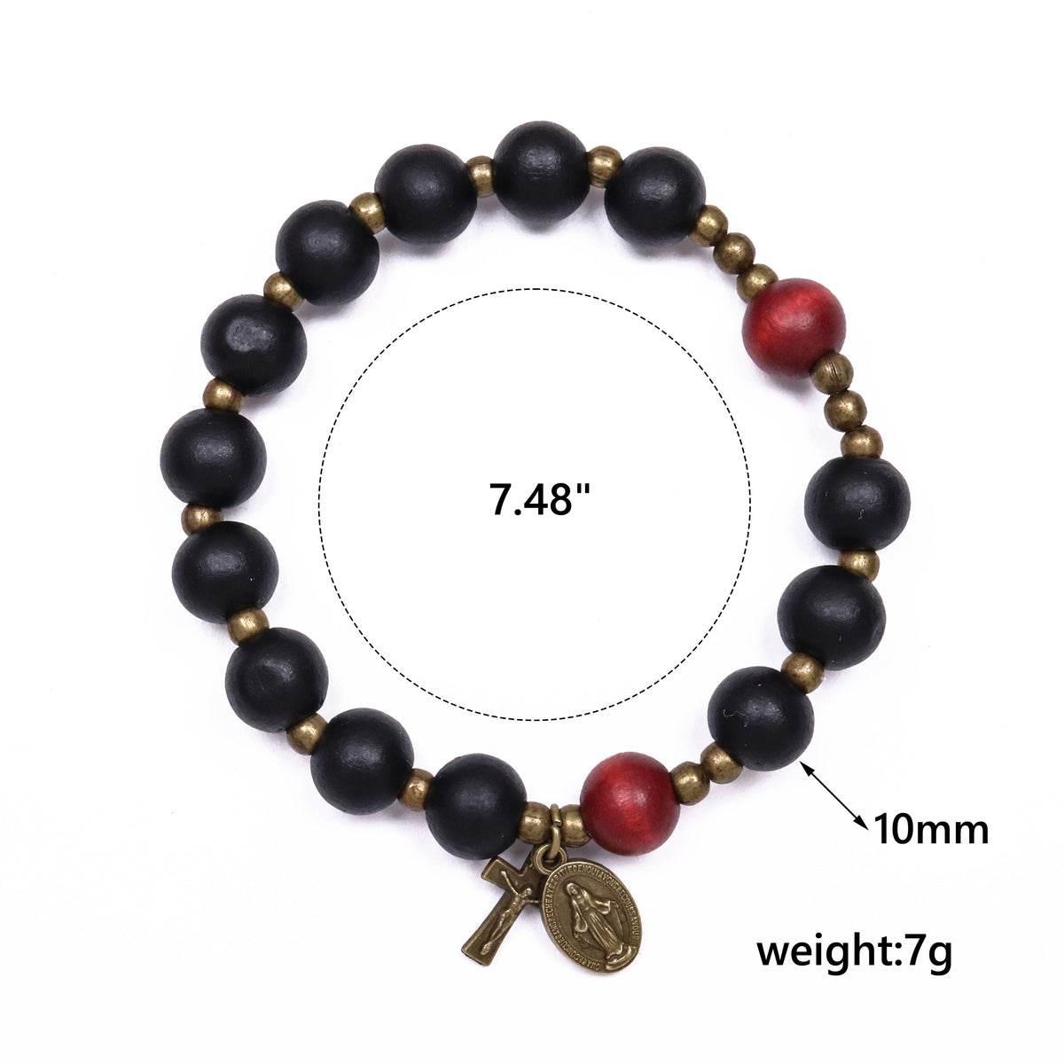 Black Wooden Bead Rosary Bracelet with Antique Bronze Miraculous Medal & Cross