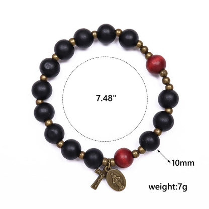 Black Wooden Bead Rosary Bracelet with Antique Bronze Miraculous Medal & Cross