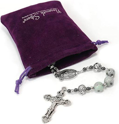 Dalmatian Jasper Natural Stone Rosary Beads Necklace Holy Soil & Cross - Nazareth Store