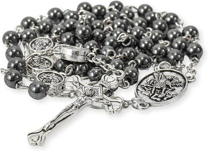 Black Hematite Silver St. Michael Stone Beads Rosary Necklace with Metal Box - Nazareth Store