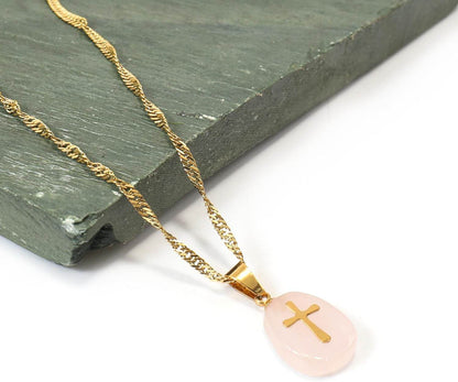 Stainless Steel Christian Clavicle Chain Necklace & Natural White Moonstone Cross Pendant - Nazareth Store