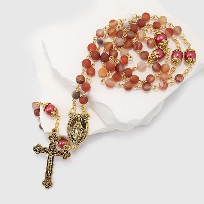 Red Matte Stone Rosary Necklace with Miraculous Medal & Gold Tone Crucifix