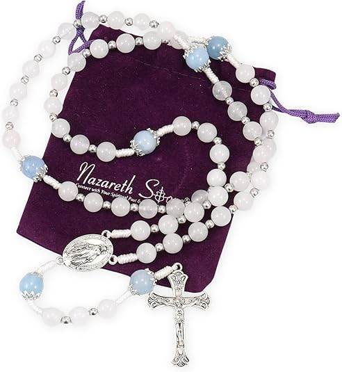 White Jade & Natural Stone Beads Rosary Necklace St. Miraculous Medal & Cross Crucifix - Nazareth Store