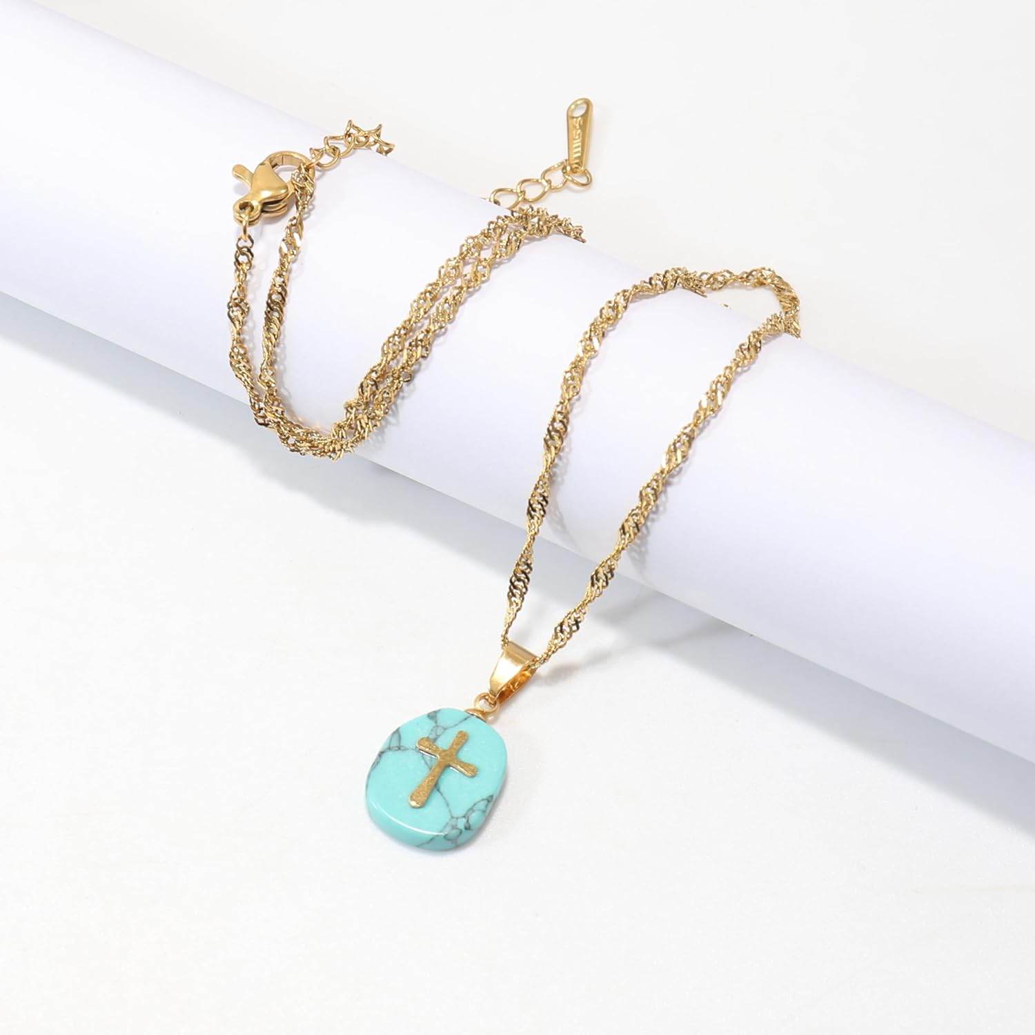 Natural Blue Sapphire Stone Cross Pendant Stainless Steel Clavicle Chain Necklace - Nazareth Store