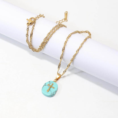 Natural Blue Sapphire Stone Cross Pendant Stainless Steel Clavicle Chain Necklace - Nazareth Store