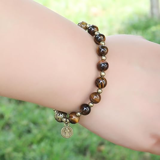 Tiger Eye Stone Beads Durable and Elegant Wrist Bracelet Rosary with Metal Separators and Catholic St. Benedict Medal Nazareth Store