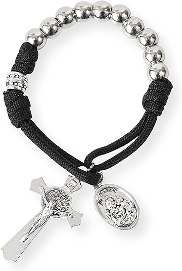 Copy of Silver Beads Paracord Pocket Car Rosary St. Joseph Medal & St. Benedict Cross Nazareth Store