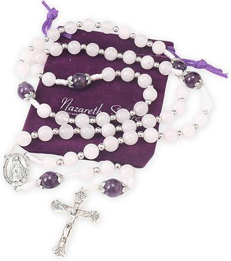 White Jade & Natural Stone Beads Rosary Necklace St. Miraculous Medal & Cross Crucifix - Nazareth Store