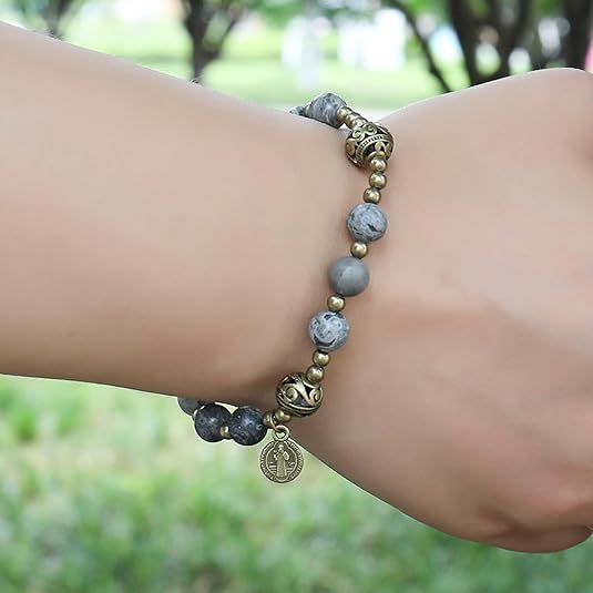 Durable and Elegant Wrist Bracelet Jewelry Map Stone Beads Rosary with Metal Separators and Catholic St. Benedict Medal Nazareth Store