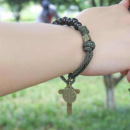 Antique Bronze One Decade Green Paracord Black Matte Beads St Benedict Cross Crucifix - Nazareth Store