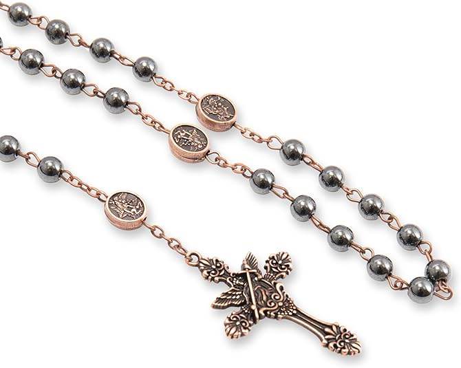Hematite Rosary Necklace with Copper Archangel Medal & St. Michael Cross - Nazareth Store