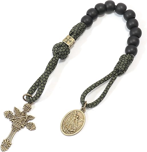 Antique Bronze One Decade Green Paracord Black Matte Beads St. Michael Cross Crucifix Nazareth Store