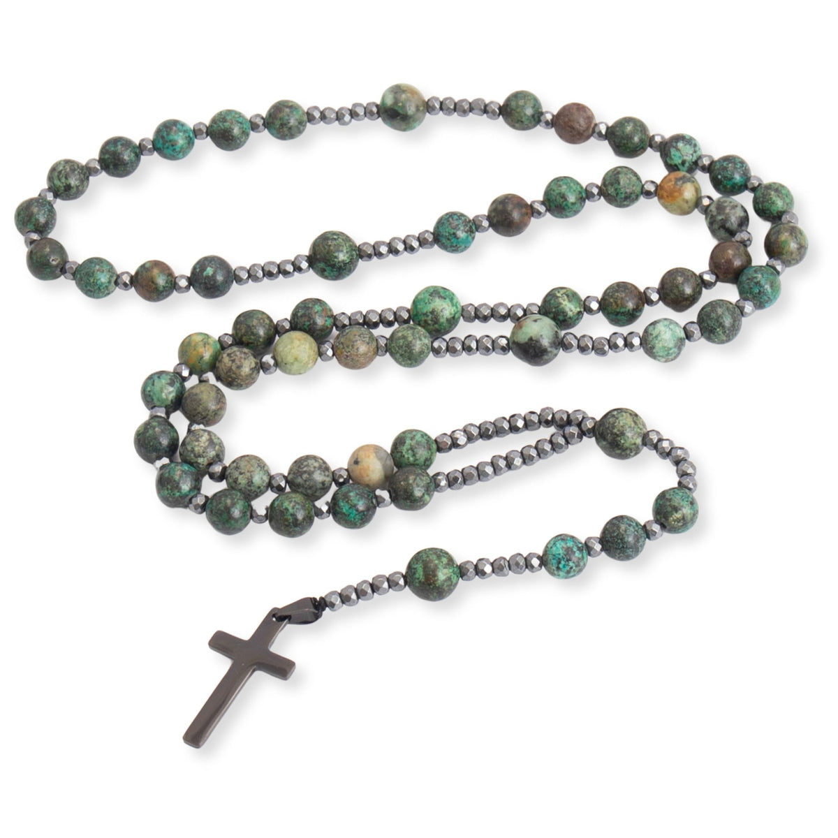 African Jasper Catholic Rosary Necklace with Hematite Beads & Black Cross