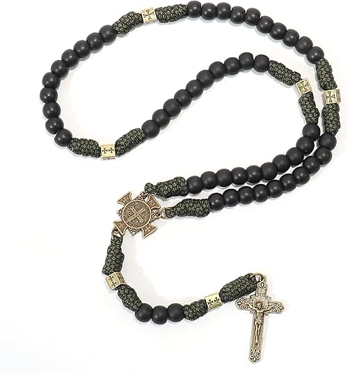 Antique Bronze Black Matte Prayer Beads Durable Paracord Rosary Necklace with and St. Benedict Medal and St. Benedict Cross Nazareth Store