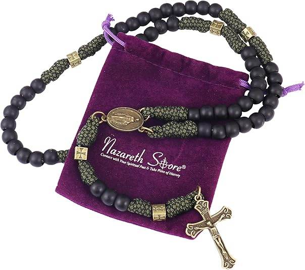 Antique Bronze Black Matte Prayer Beads Paracord Rosary Necklace with and Jesus Cross and Miraculous Medal - Nazareth Store