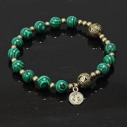 St. Benedict Malachite Stone Beads Rosary Bracelet with Metal Separators and Catholic Medal - Nazareth Store