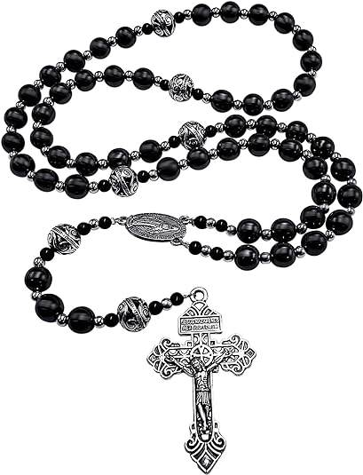 Black Hematite Beads Rosary Stainless Knotted Necklace Miraculous Medal & Cross - Nazareth Store