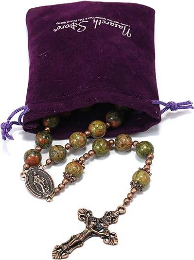 Natural Agate Green Flower Beads Rosary Necklace with Red Miraculous Medal with Cross - Nazareth Store