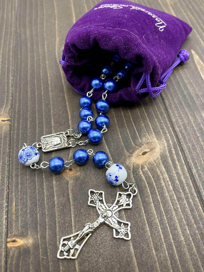 White Flowers Blue Pearl Beads Rosary Beaded Necklace Lourdes Medal & Cross Crucifix - Nazareth Store