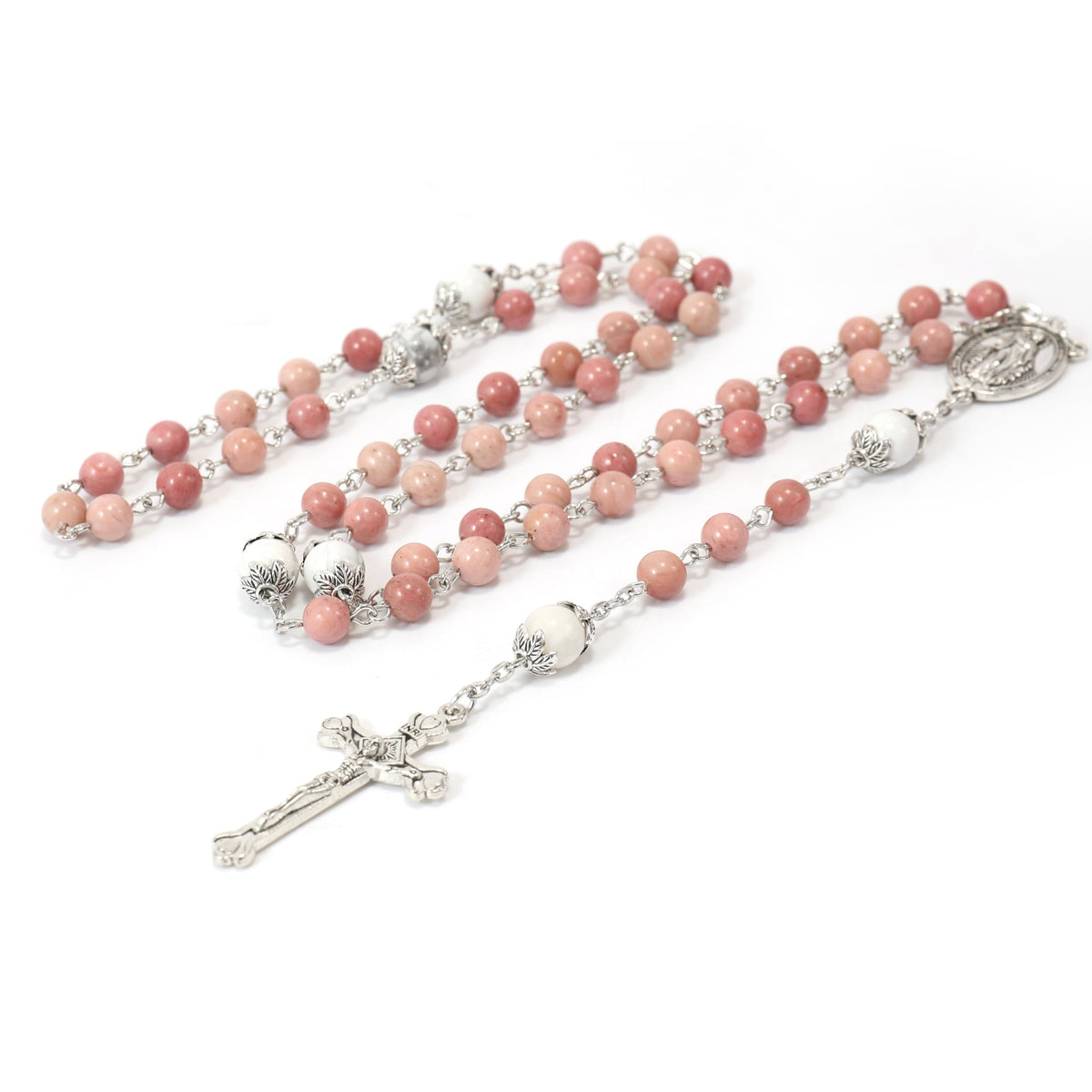 White Howlite Pink Aventurine Beads Rosary Necklace Miraculous Medal Holy Mary Box - Nazareth Store
