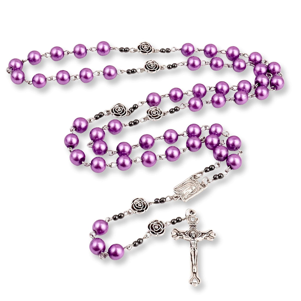 Purple Pearl Beads Rosary Metal Mystery Roses with Hematite Stone Rosary Necklace - Nazareth Store