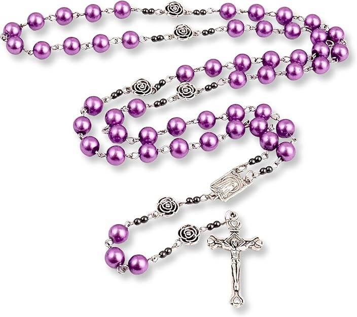 Purple Pearl Beads Rosary Metal Mystery Roses with Hematite Stone Rosary Necklace - Nazareth Store