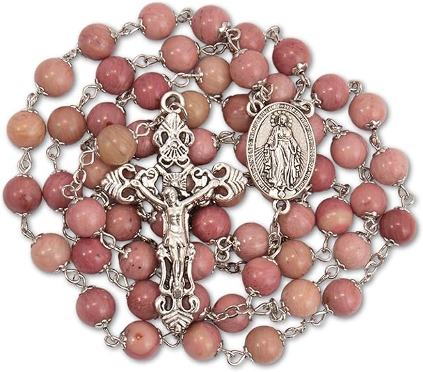 Pink Aventurine Rosary Necklace with Silver Holy Soil Medal & Cross Nazareth Store