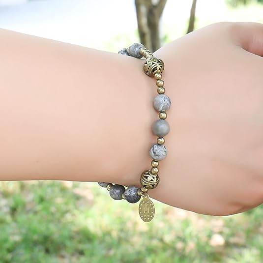 Map Stone Stone Beads Rosary Bracelet with Metal Separators and Catholic Miraculous Medal - Nazareth Store