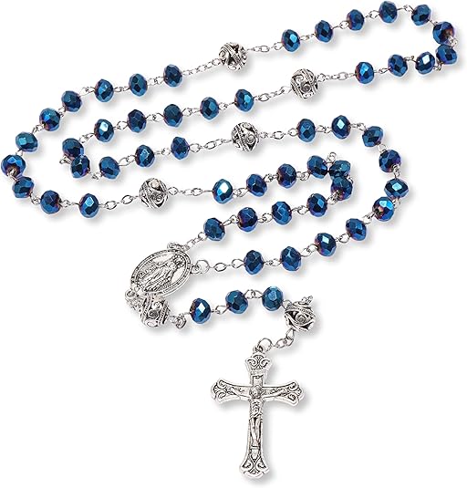 Deep Blue Crystal Beads Rosary Necklace with 10mm Alloy Mystery Prayer Beads Miraculous Medal and Jesus Cross Nazareth Store