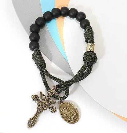 Antique Bronze One Decade Green Paracord Black Matte Beads St. Michael Cross Crucifix - Nazareth Store