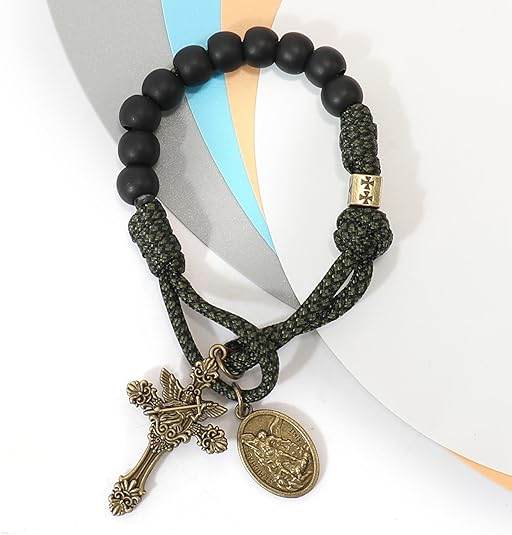 Antique Bronze One Decade Green Paracord Black Matte Beads St. Michael Cross Crucifix - Nazareth Store
