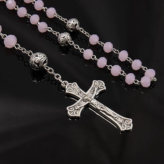 Pink Jade Crystal Beads Rosary Necklace St. Miraculous Medal & Cross Nazareth Store