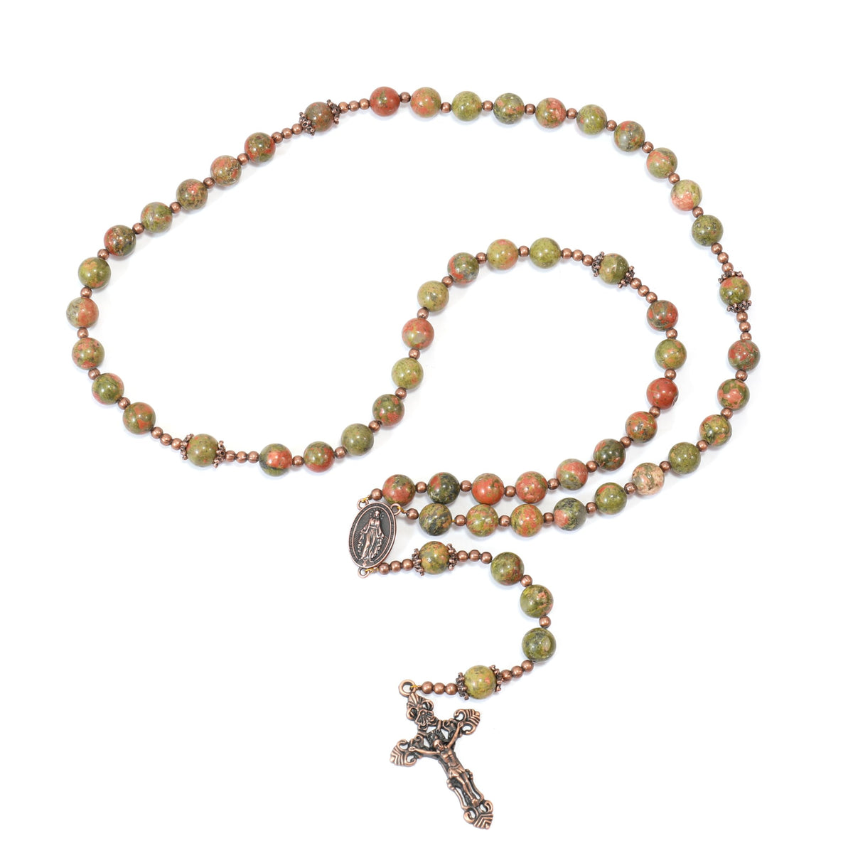 Natural Agate Green Flower Beads Rosary Necklace with Red Miraculous Medal with Cross - Nazareth Store