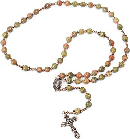 Natural Agate Green Flower Beads Rosary Necklace with Red Miraculous Medal with Cross - Nazareth Store