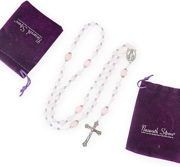 White Jade & Pink Quartz Stone Beads Rosary Necklace St. Miraculous Medal & Cross Crucifix Nazareth Store