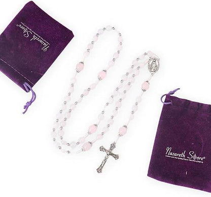 White Jade & Natural Stone Beads Rosary Necklace St. Miraculous Medal & Cross Crucifix - Nazareth Store