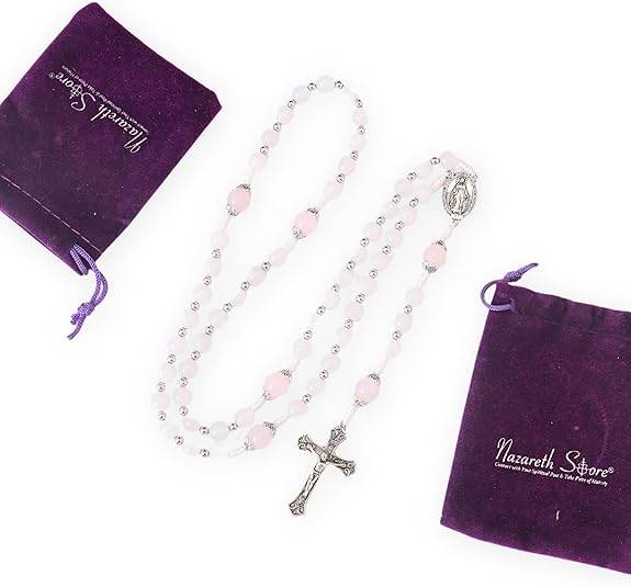 White Jade & Natural Stone Beads Rosary Necklace St. Miraculous Medal & Cross Crucifix - Nazareth Store