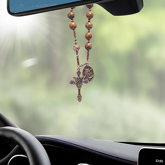 St. Michael Wood Beads One Decade Car Mirror Beads Rosary with Cross Nazareth Store