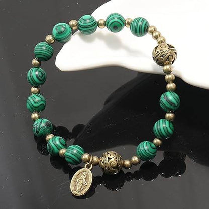 Malachite Stone Beads Rosary Bracelet with Metal Separators and Catholic Miraculous Medal - Nazareth Store