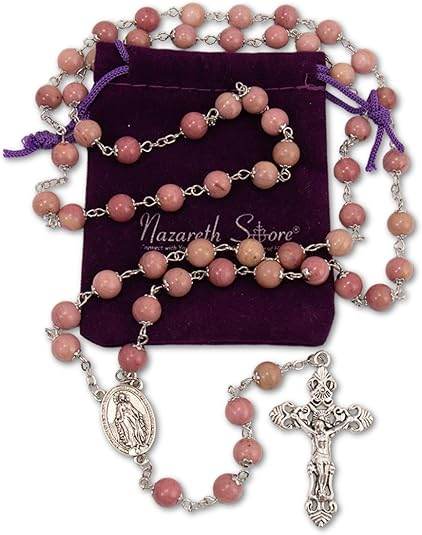Pink Aventurine Rosary Necklace with Silver Holy Soil Medal & Cross - Nazareth Store