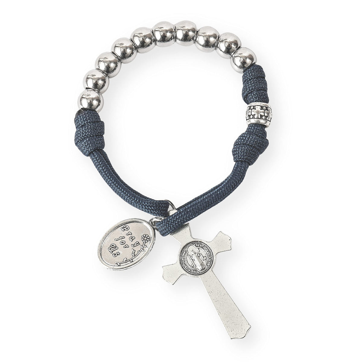 Silver Beads Blue Paracord Pocket Car Rosary St. Joseph Medal & St. Benedict Cross - Nazareth Store