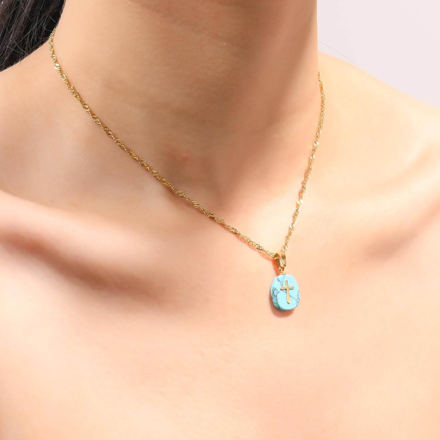 Natural Blue Sapphire Stone Cross Pendant Stainless Steel Clavicle Chain Necklace - Nazareth Store