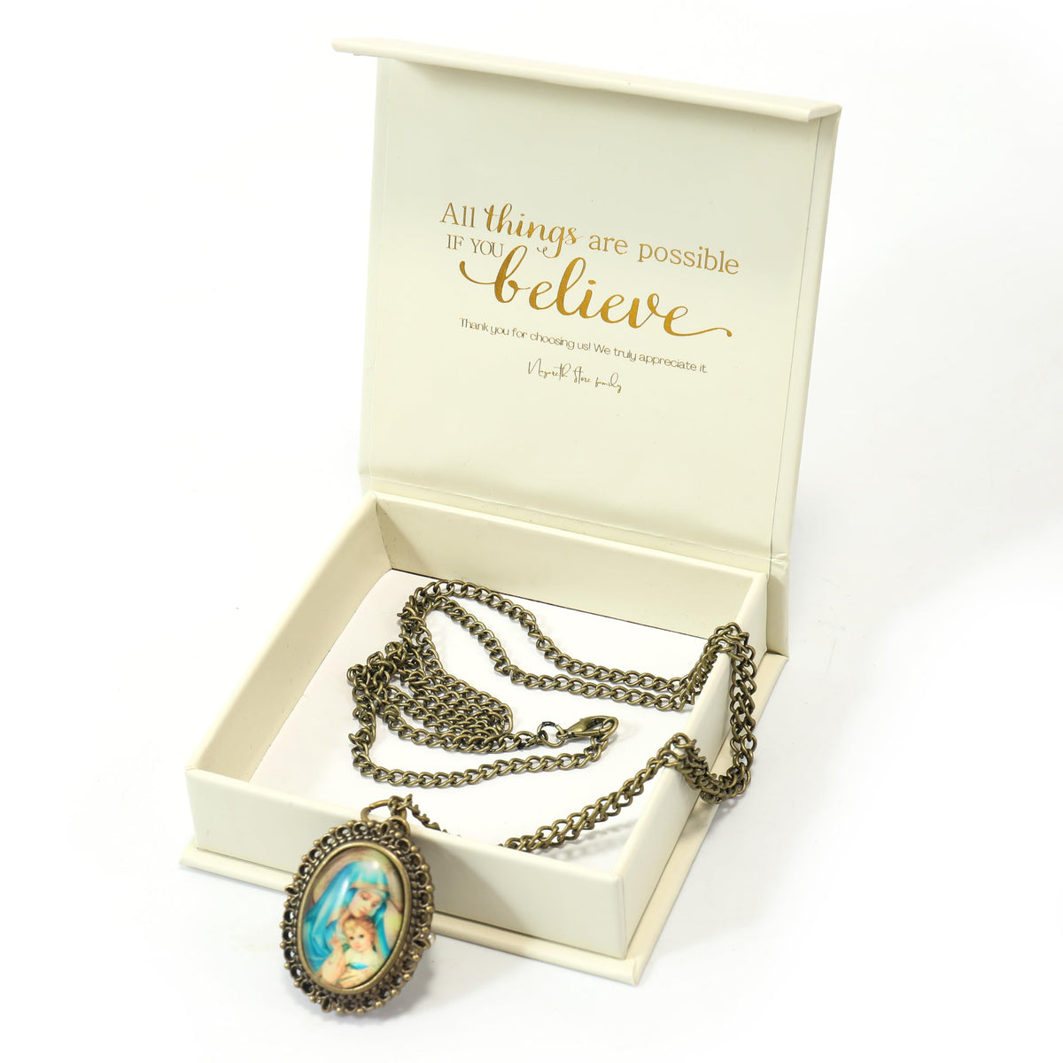 Antique Bronze Pocket Watch Pendant with Holy Mary & Baby Jesus Chain Necklace - Nazareth Store