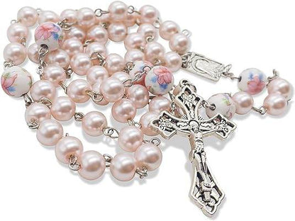White Flowers Pink Pearl Rosary Beads Miraculous Medal & Cross Crucifix - Nazareth Store