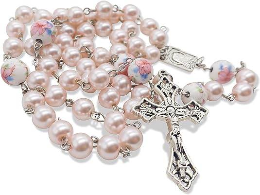 White Flowers Pink Pearl Rosary Beads Miraculous Medal & Cross Crucifix - Nazareth Store