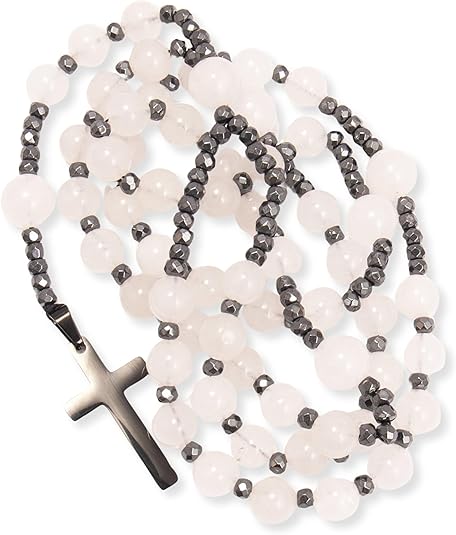 Hematite Stone Beaded Rosary Necklace with Black Metal Cross Nazareth Store